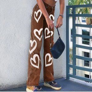 Aesthetic y2k Brown Heart Straight Leg Jeans